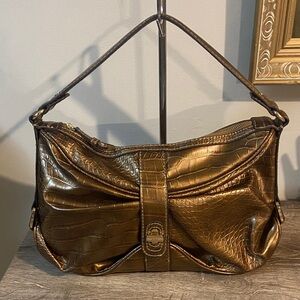 Dana Buchman Metallic Bronze Croc-Embossed Shoulder Bag Faux Leather Gold Accent